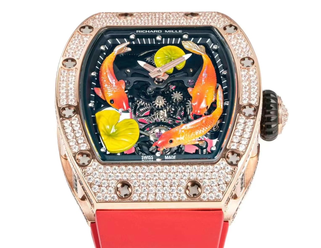 Replica Richard Mille RM S10 Koi Tourbillon Watch Rose Gold with Diamond - Red Rubber Strap