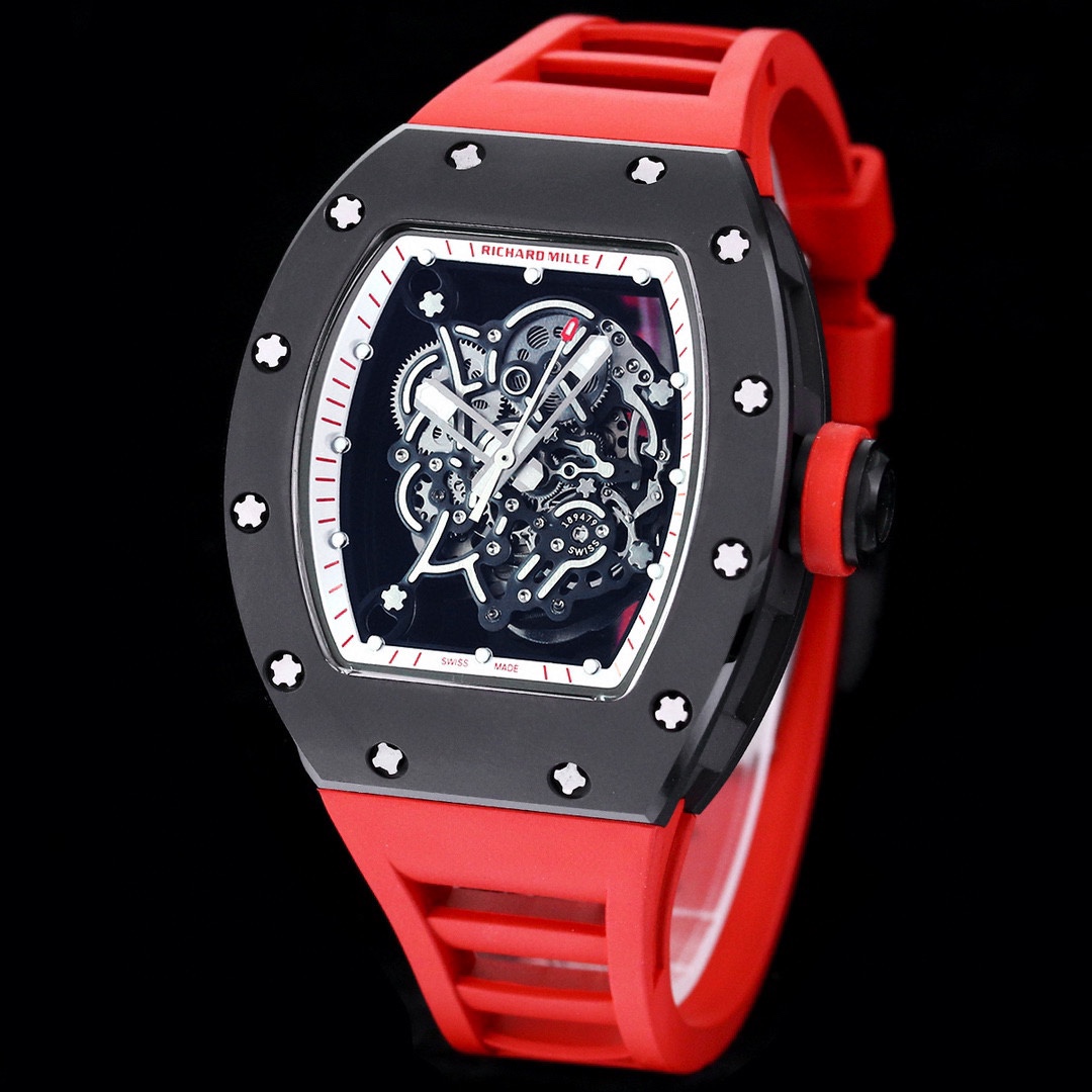 Luxurious Replica Richard Mille RM 055 Bubba Watson Black Ceramic Case with Red Rubber Strap – Bold Skeleton Dial