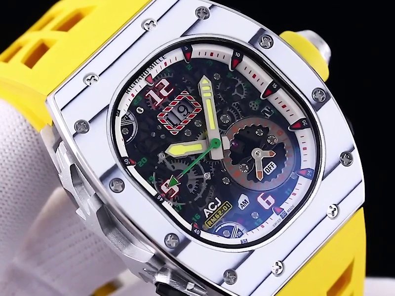 Replica Richard Mille 62-01 Tourbillon ACJ Watch with Yellow Rubber Strap – High-Precision Skeleton Dial & Titanium Case