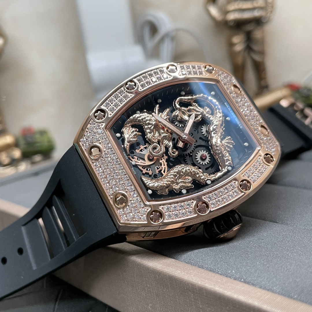 Swiss Richard Mille RM 51-01 Replica Tiger And Dragon Michelle Yeoh Watch with Diamond Bezel And Black Rubber Strap