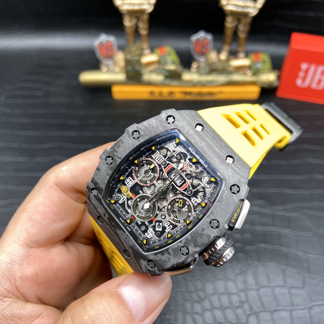 Best Swiss Replica Richard Mille RM 011 Skeleton Dial Watch – Carbon Fiber Case, Yellow Rubber Strap