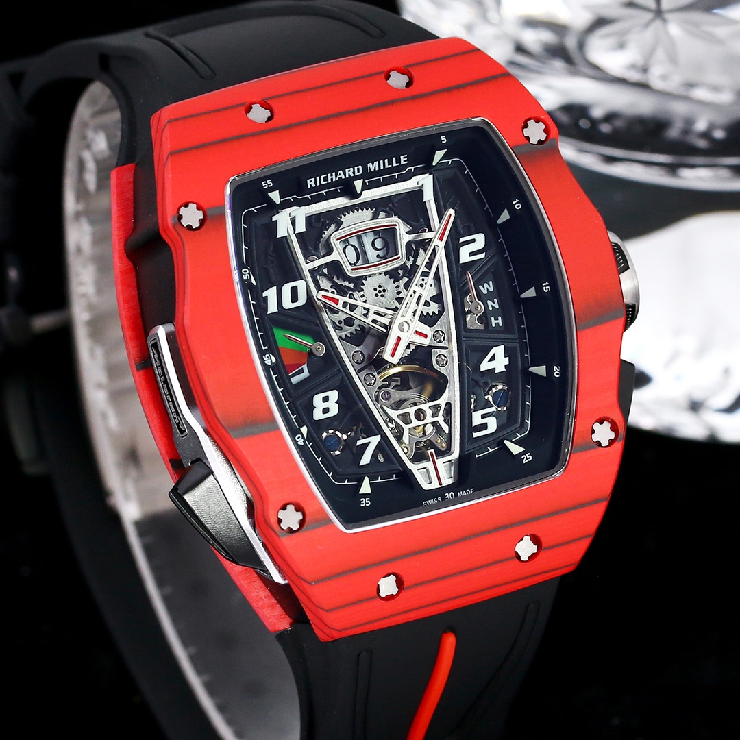 Luxury Sport Replica Richard Mille RM 40-01 Red Carbon Fiber Case Watch With Black Rubber Strap
