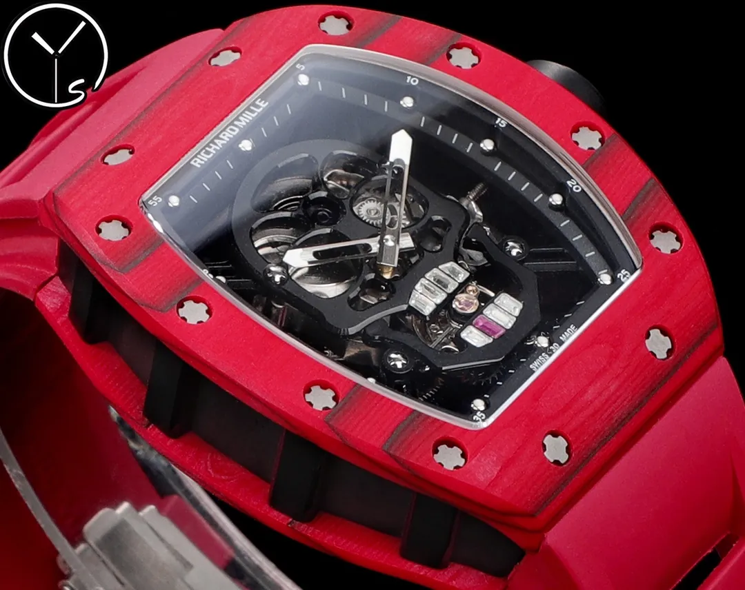 Richard Mille RM 052 Replica Red Carbon Case Skull Skeleton Dial Red Rubber Strap Luxury Sports Wristwatch