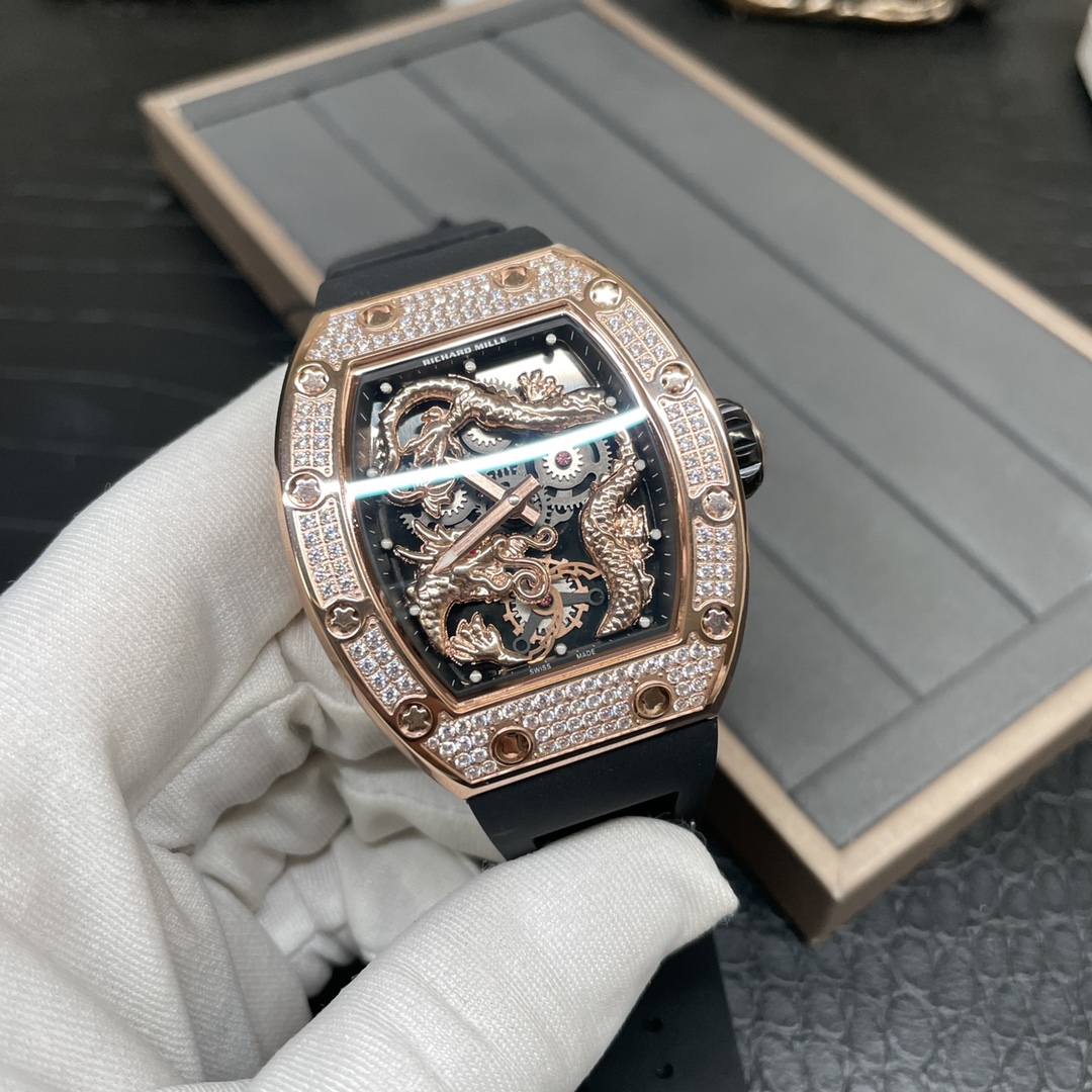 Swiss Richard Mille RM 51-01 Replica Tiger And Dragon Michelle Yeoh Watch with Diamond Bezel And Black Rubber Strap