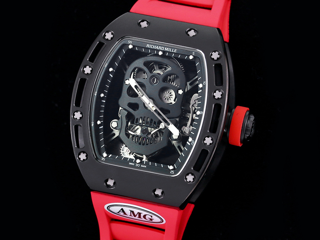 Replica Richard Mille RM052 Titanium Skeleton Tourbillon Watch with Red Rubber Strap