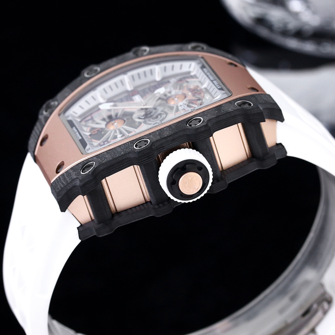 High-End Replica Richard Mille 21-01 Tourbillon Aerodyne Watch For Men – Carbon Fiber Skeleton Dial, White Rubber Strap