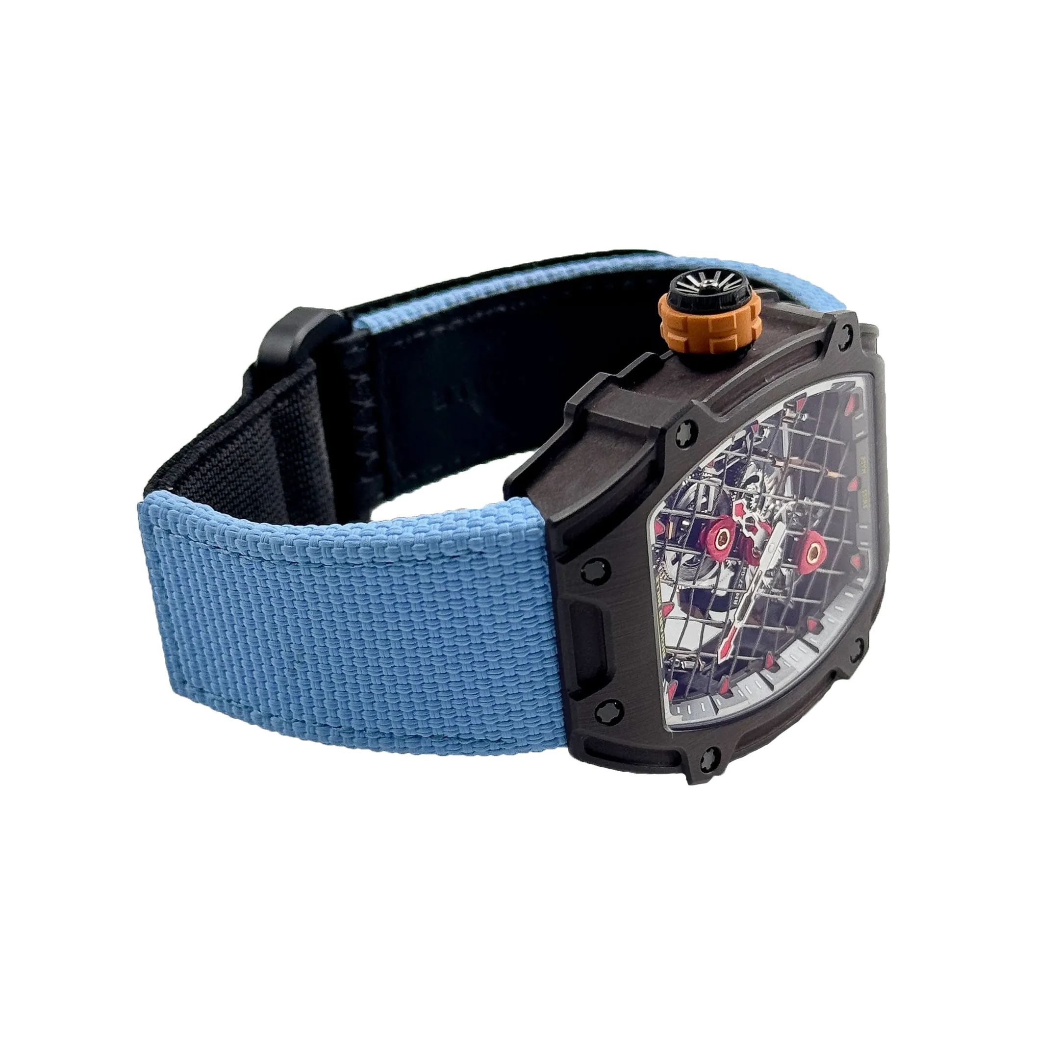 Richard Mille RM 27-04 Replica, Brown Carbon Case Skeleton Grid Dial Blue Nylon Strap Luxury Sports Wristwatch