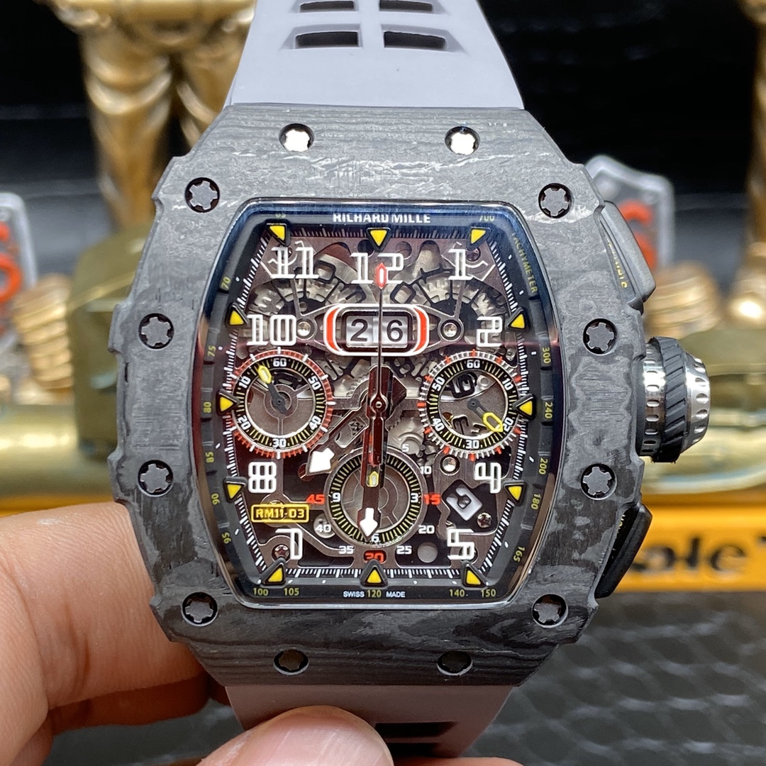 Swiss Richard Mille RM 11 Replica – 49mm Carbon Case, Skeleton Dial, Grey Rubber Strap