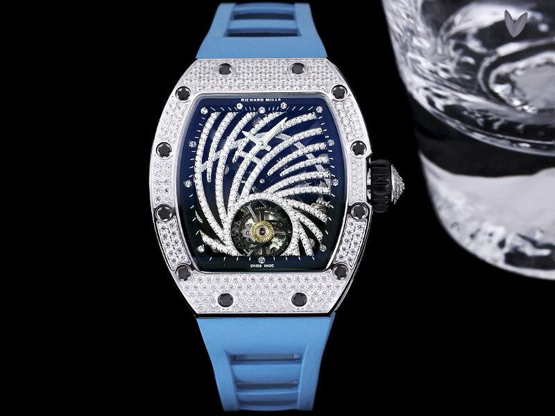 Luxury Swiss Richard Mille RM 51-02 Replica – Diamond-Paved Skeleton Dial, Blue Rubber Strap, High-End Tourbillon Watch