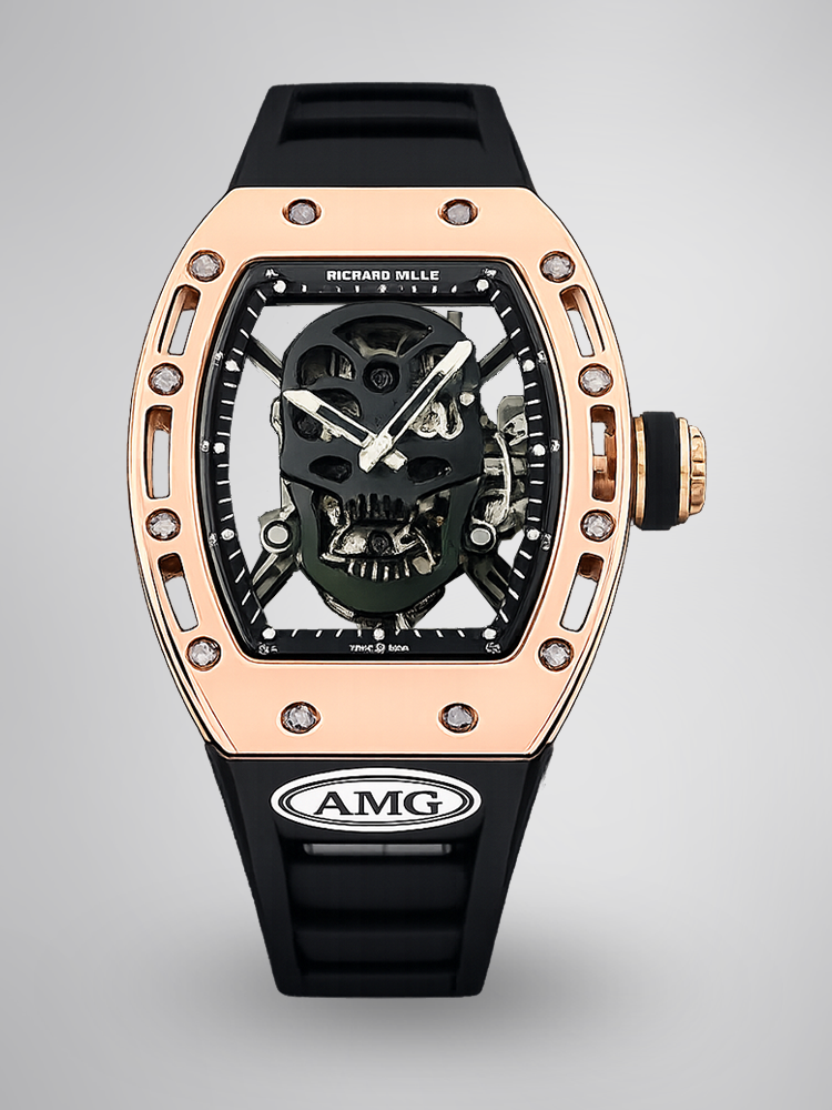 RM052 Skeleton Tourbillon Replica Watch Black Skull Dial – Rose Gold Case