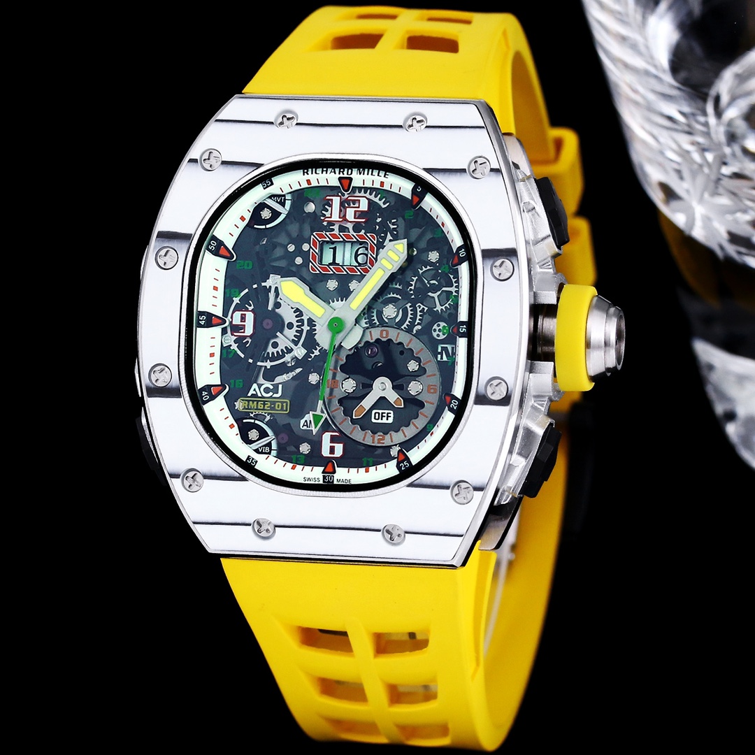 Replica Richard Mille 62-01 Tourbillon ACJ Watch with Yellow Rubber Strap – High-Precision Skeleton Dial & Titanium Case