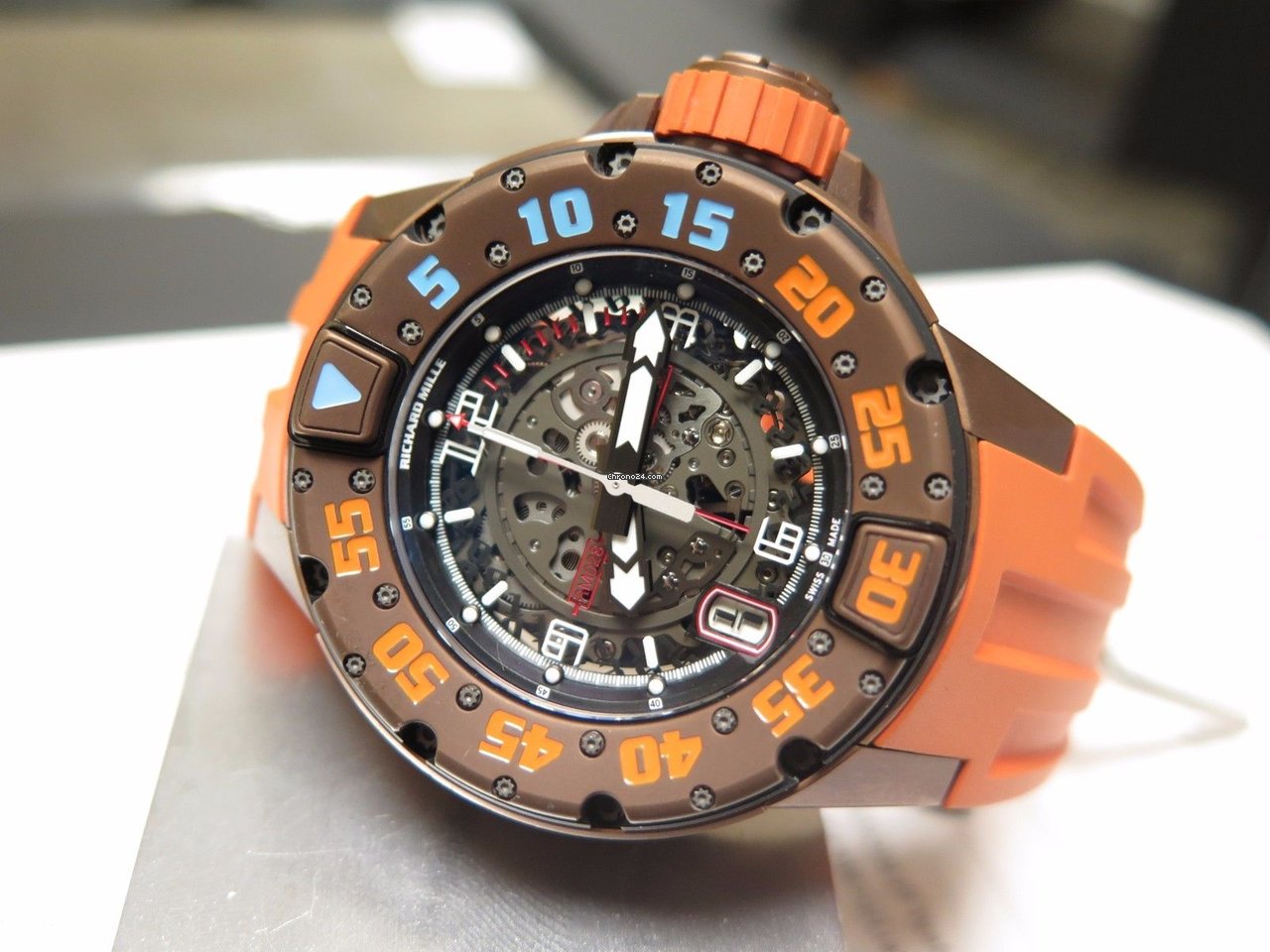 Richard Mille RM028 Bronze Special Edition Diver Bronzo Skeleton Sky Blue Orange Rubber