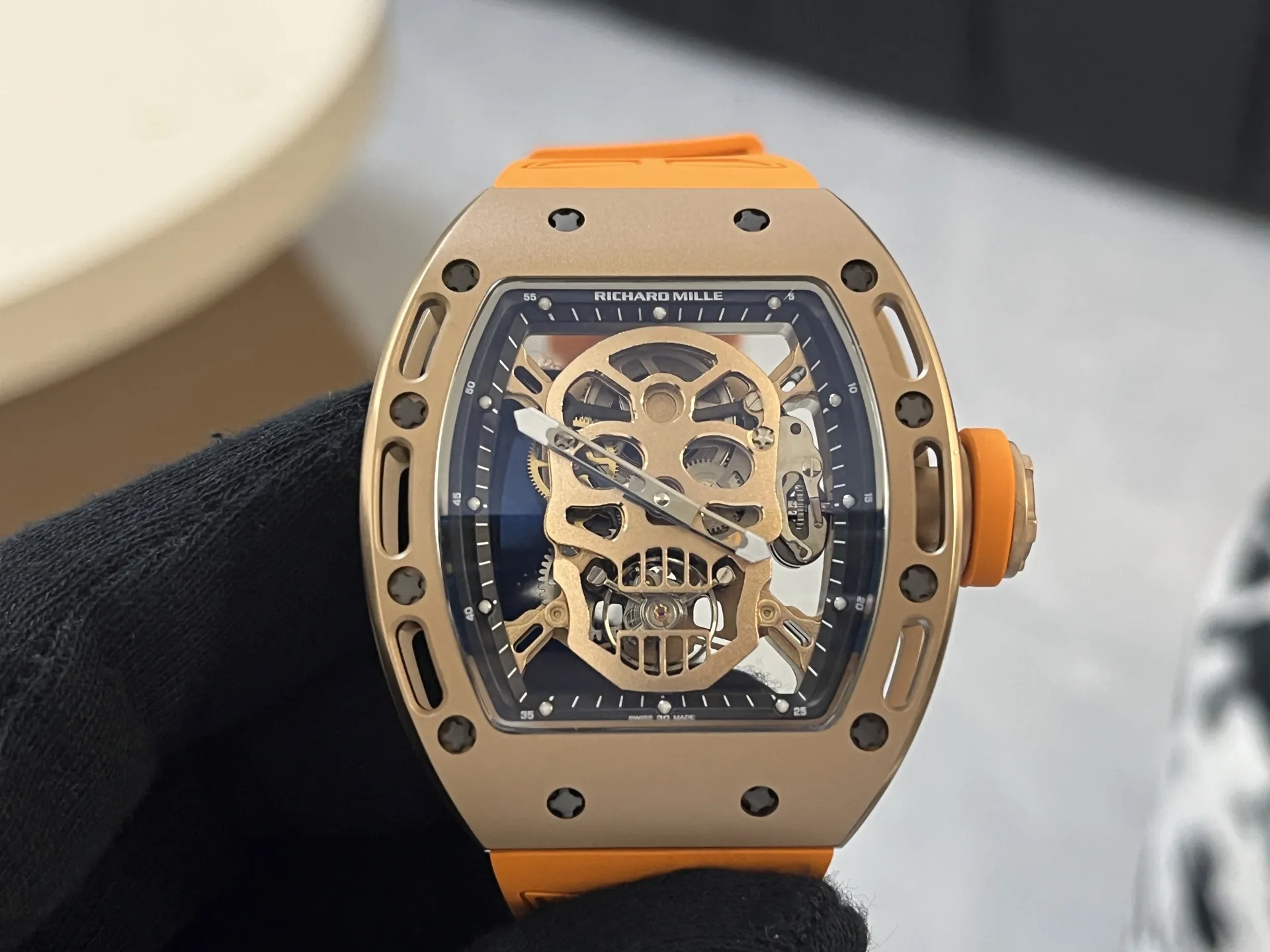 Richard Mille RM 052 Upgraded Tourbillon Movement Skull Rose Gold Super Clone - Orange Rubber Strap