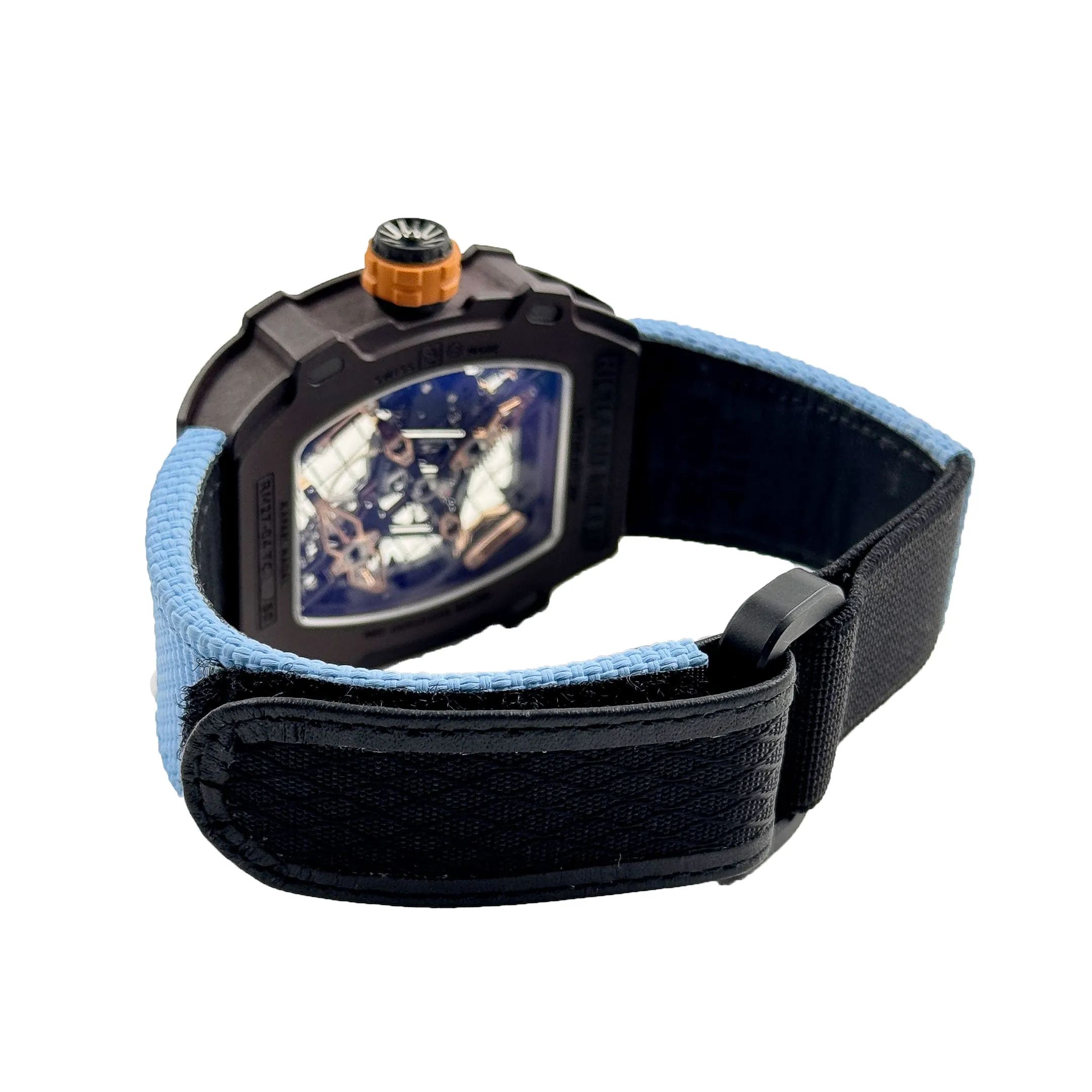 Richard Mille RM 27-04 Replica, Brown Carbon Case Skeleton Grid Dial Blue Nylon Strap Luxury Sports Wristwatch