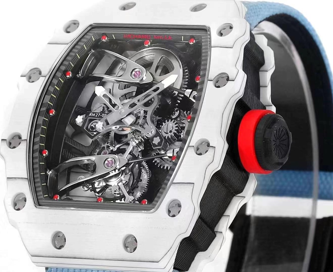 Best Richard Mille RM 27-02 Replica Rafael Nadal Tourbillon Watch – White Carbon Fiber Case, Blue Fabric Strap