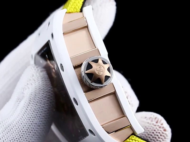 Best Replica Richard Mille RM 047 Tourbillon Watch For Men – Samurai Design, Ceramic Case, Skeleton Dial, Yellow Strap