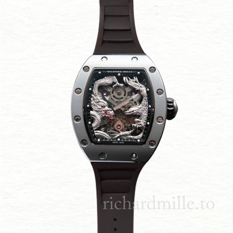 Richard Mille RM57-01 Mechanical Men Stainless Steel Silver Dragon and Phoenix Dial Rubber Band