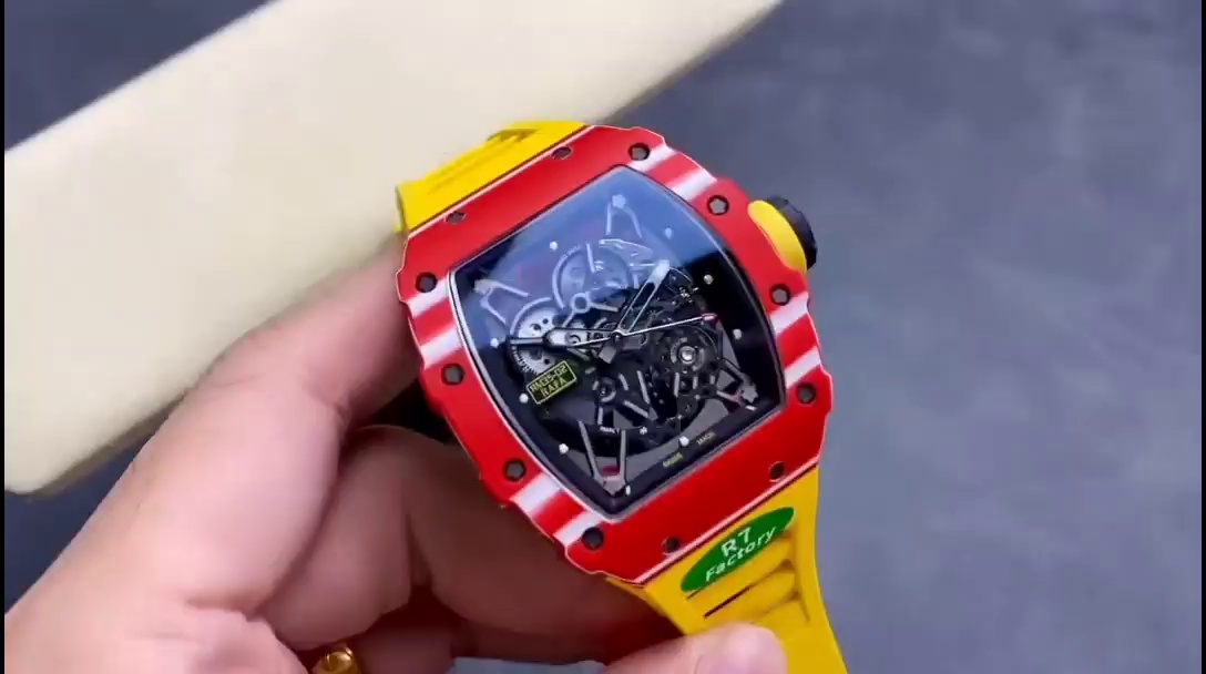 Best Richard Mille RM35-02 Replica – Red Carbon Case, Yellow Strap, Swiss Movement, Skeleton Dial