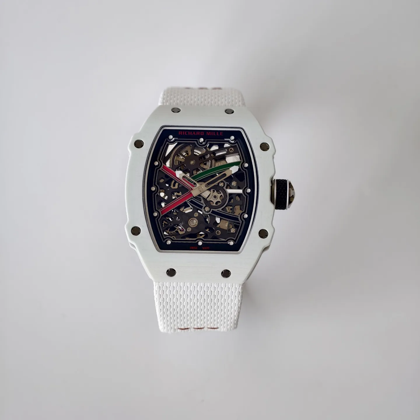 UMI RM 67-02 White Quartz TPT Carbon Case White Fabric Strap Skeleton Replica Watch