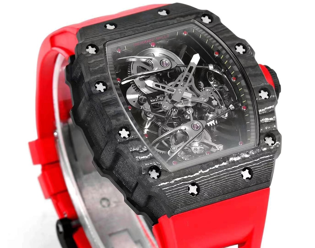 High-End Swiss Richard Mille RM 27-02 Replica Tourbillon Watch – Lightweight Carbon Case, Red Rubber Strap For Sport & Style