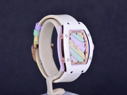 Richard Mille RM 07-03 Replica, White Ceramic Case Pastel Swirl Dial White Rubber Strap Luxury Ladies Wristwatch