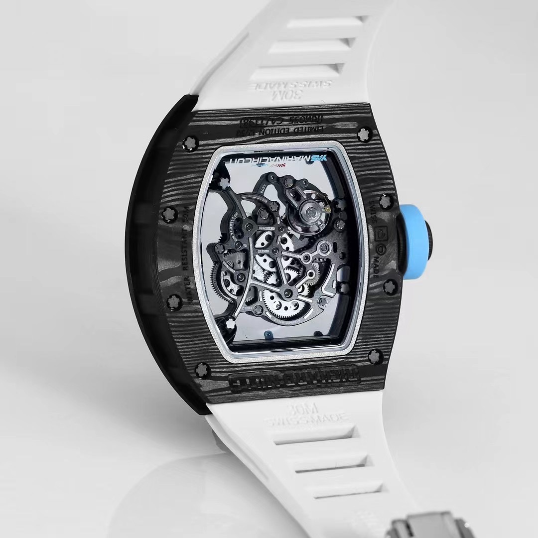 Best Replica RICHARD MILLE RM 055 Skeleton Watch - Swiss Movement Super Clone, Carbon Fiber Case, Sporty White Rubber Strap