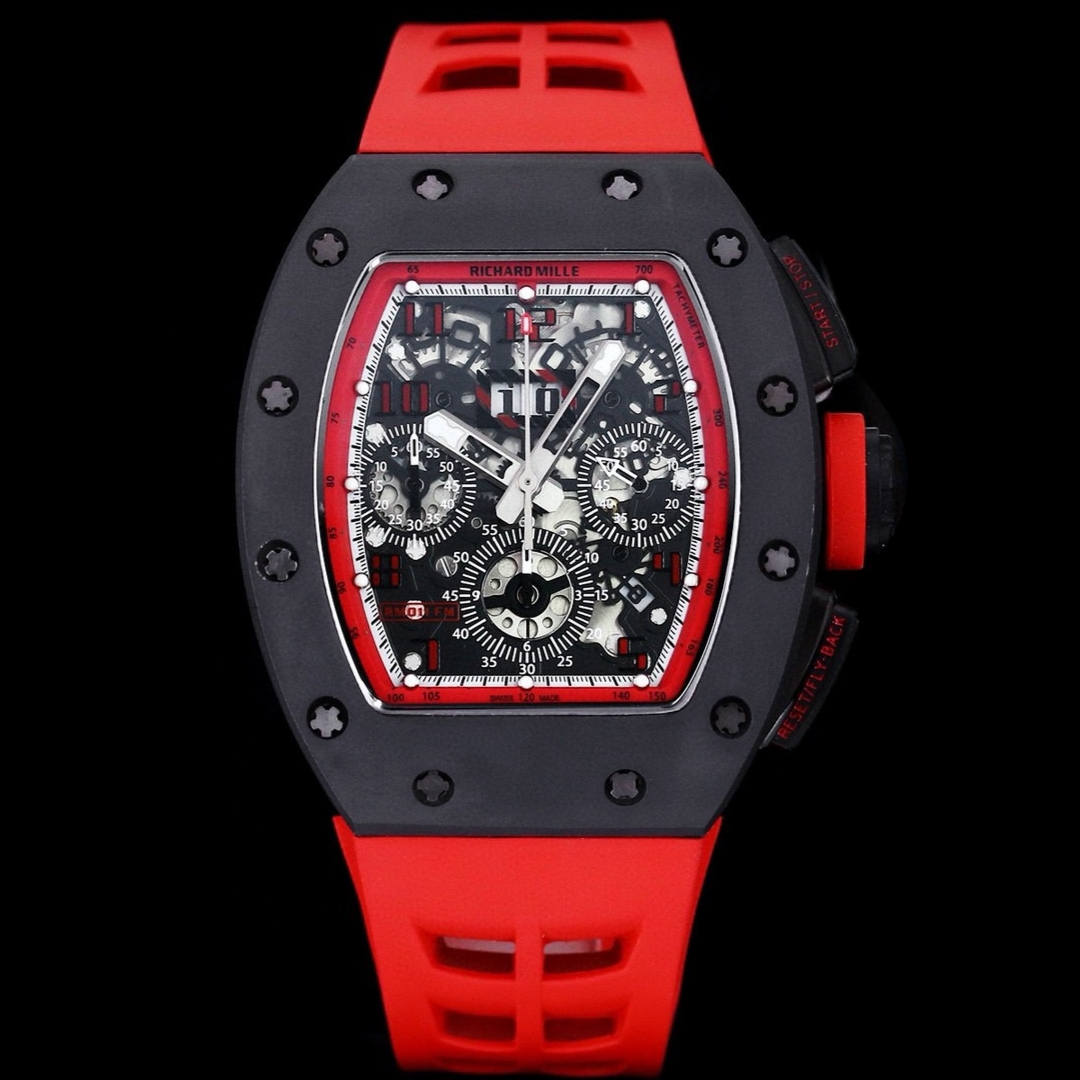 Luxury Men’s Richard Mille RM 011 Replica Watch, Black Ceramic Case, Red Rubber Strap