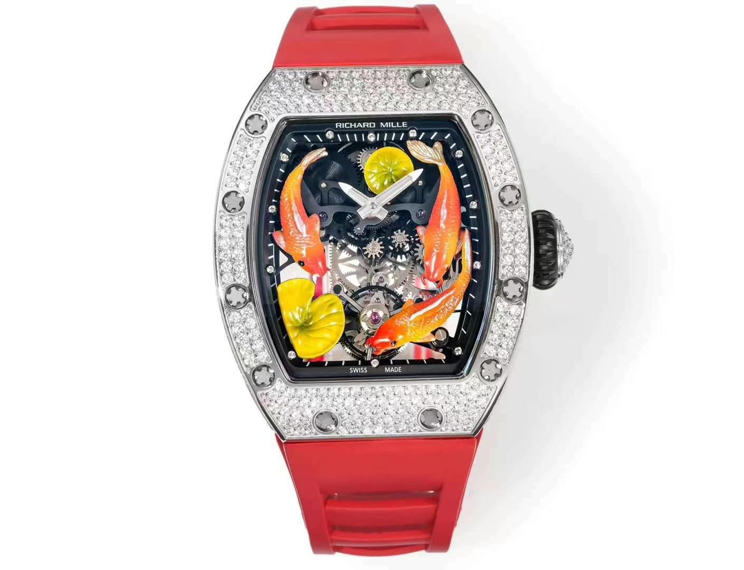 Super Clone Replica RICHARD MILLE RM S10 Koi Fish Tourbillon Watch Diamond Case Red Strap Swiss Quality