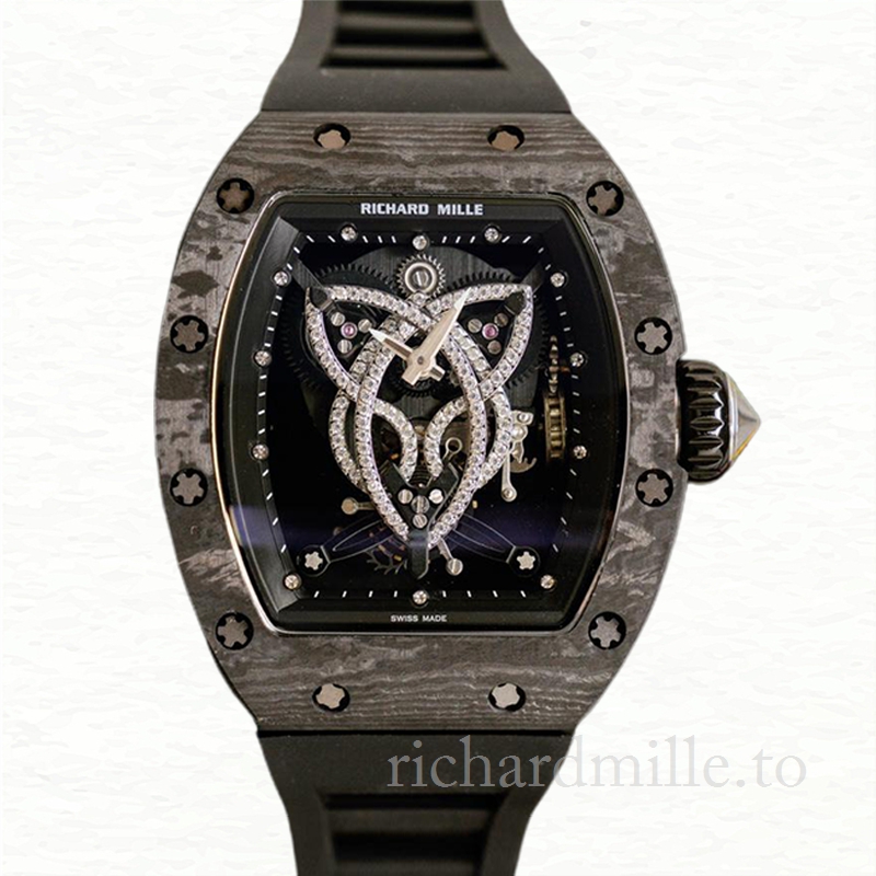 Richard Mille RM019 Men Hand Wind Watch Rubber Band Black With Diamonds Dial