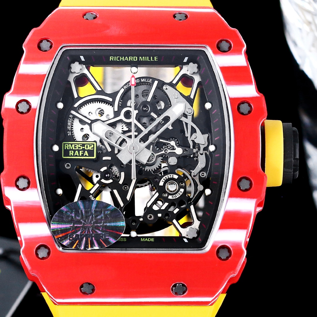 Premium Swiss Richard Mille RM 35-02 Replica Rafael Nadal Tourbillon Watch, Carbon Fiber Case, Yellow Strap