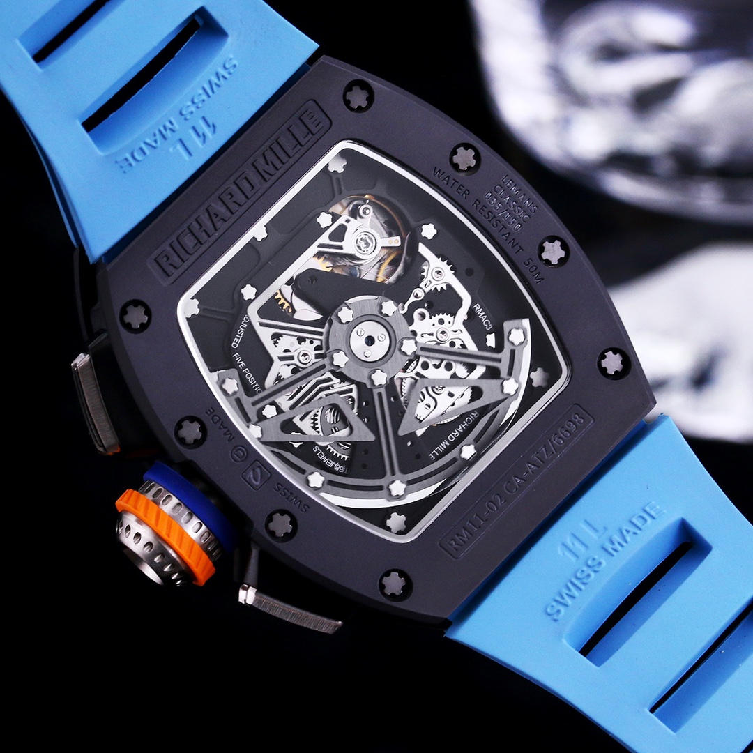 Best Replica Richard Mille RM 11-05 Swiss Watch – Blue Rubber Strap, Skeleton Dial, Carbon Fiber Case