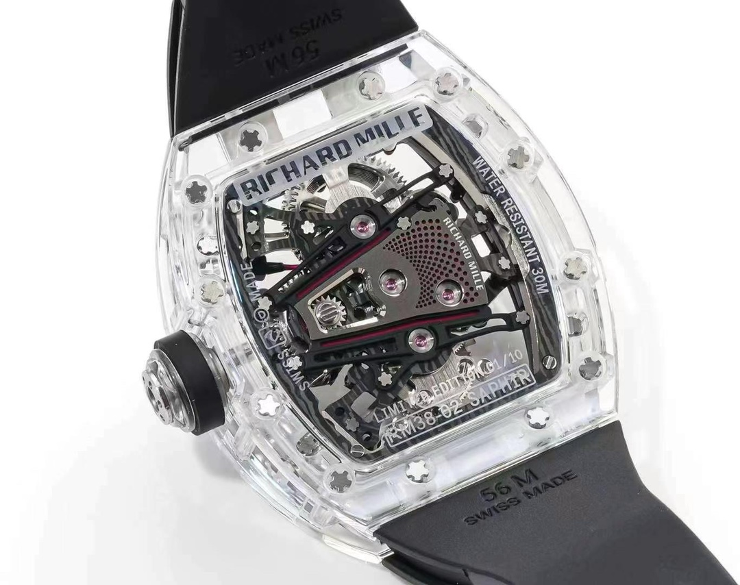 Replica Richard Mille RM 38-02 Pink Themed Crystal Skeleton Tourbillon Black Rubber Strap Watch