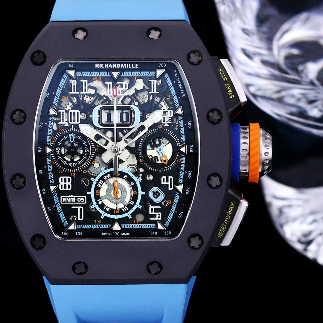 Best Replica Richard Mille RM 11-05 Swiss Watch – Blue Rubber Strap, Skeleton Dial, Carbon Fiber Case