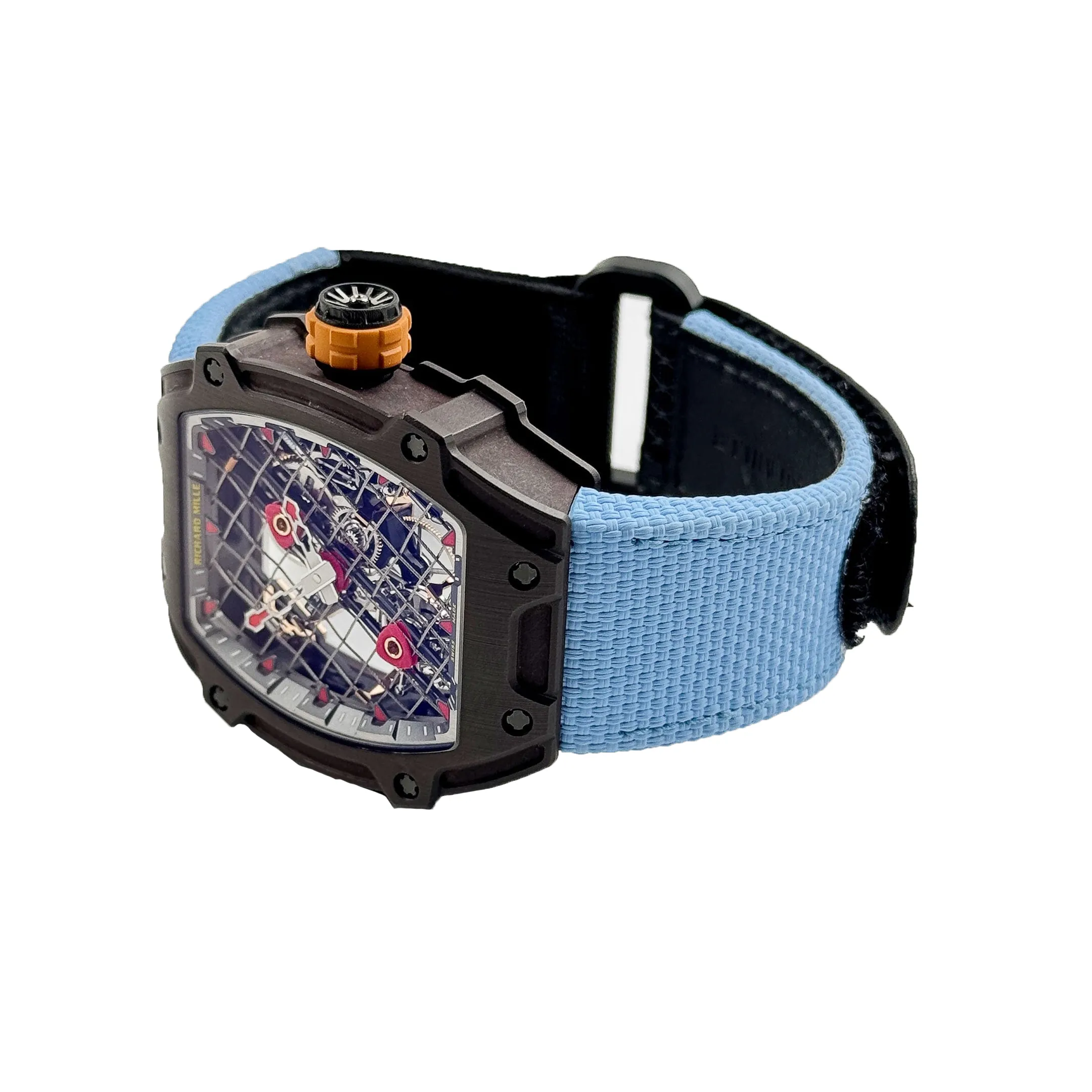 Richard Mille RM 27-04 Replica, Brown Carbon Case Skeleton Grid Dial Blue Nylon Strap Luxury Sports Wristwatch