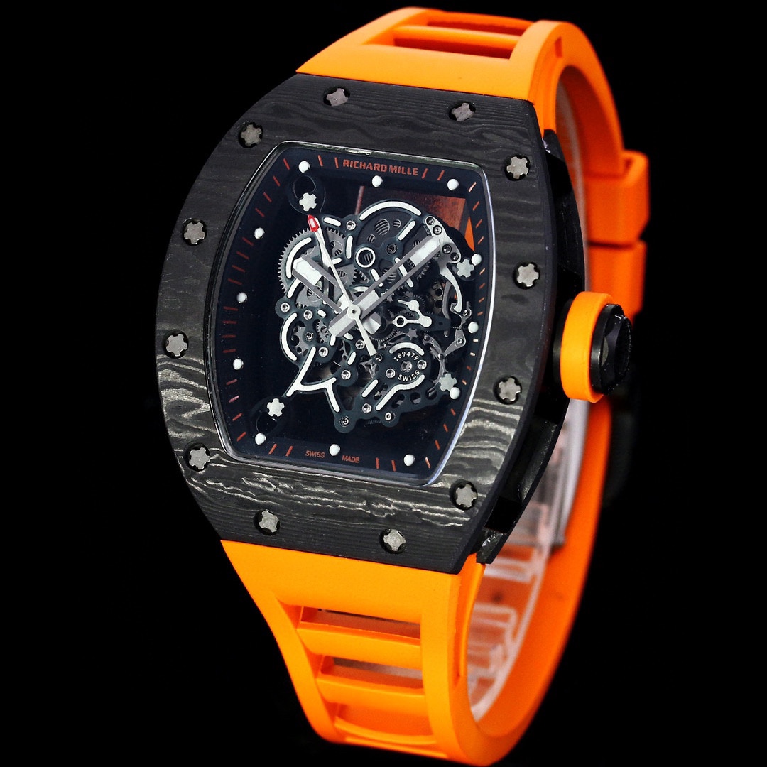 Replica Richard Mille RM 055 – Bold Carbon Case & Skeleton Dial With Vibrant Orange Rubber Strap