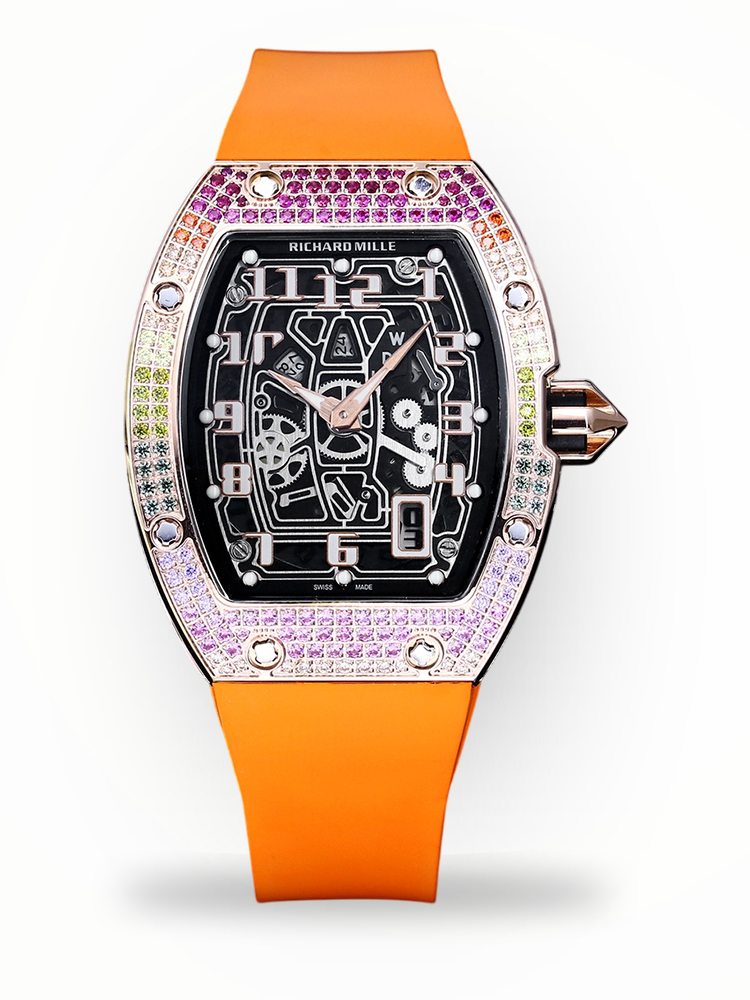 Luxury Replica Richard Mille RM 67-01 Rainbow Diamond Bezel With Orange Rubber Strap Watch