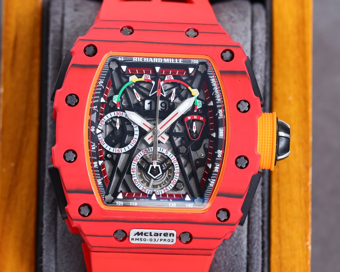 Richard Mille RM 50-03 McLaren Replica Watch For Motorsport Style – Swiss Movement, Red Carbon Case, Bold Skeleton Dial