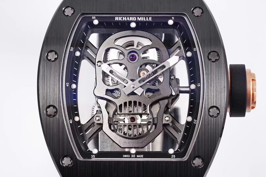 Richard Mille Replica RM 052 Black Strap Black Skeleton Skull Shape Dial