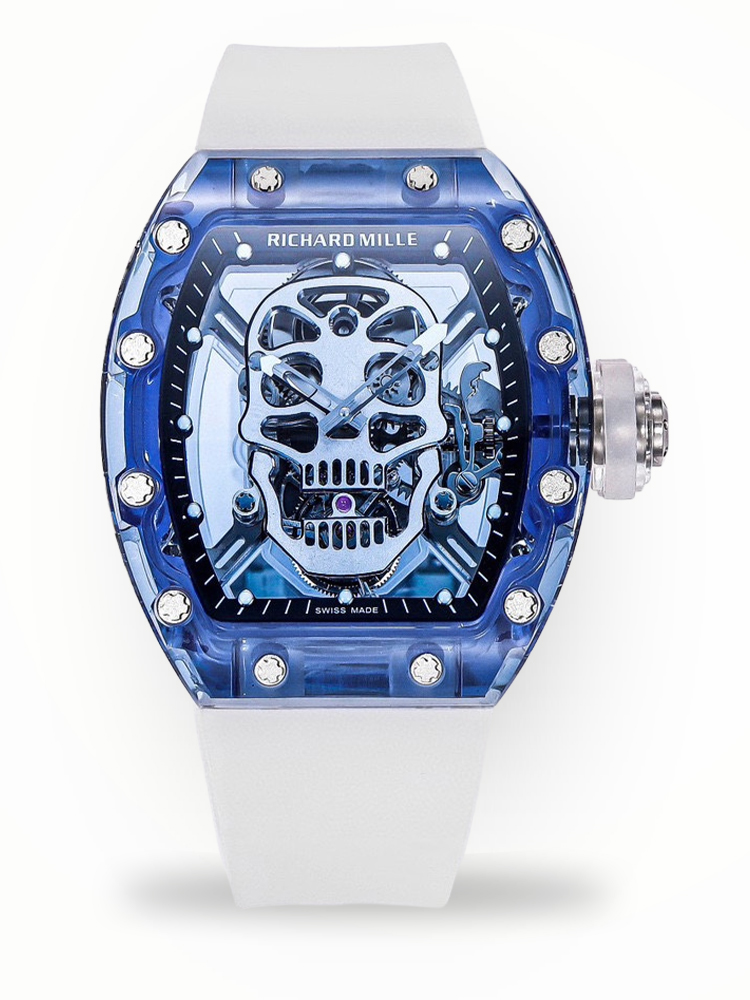 Swiss Richard Mille RM 052 Replica Tourbillon Skull Blue Sapphire Case Watch With White Rubber Strap – Bold Design