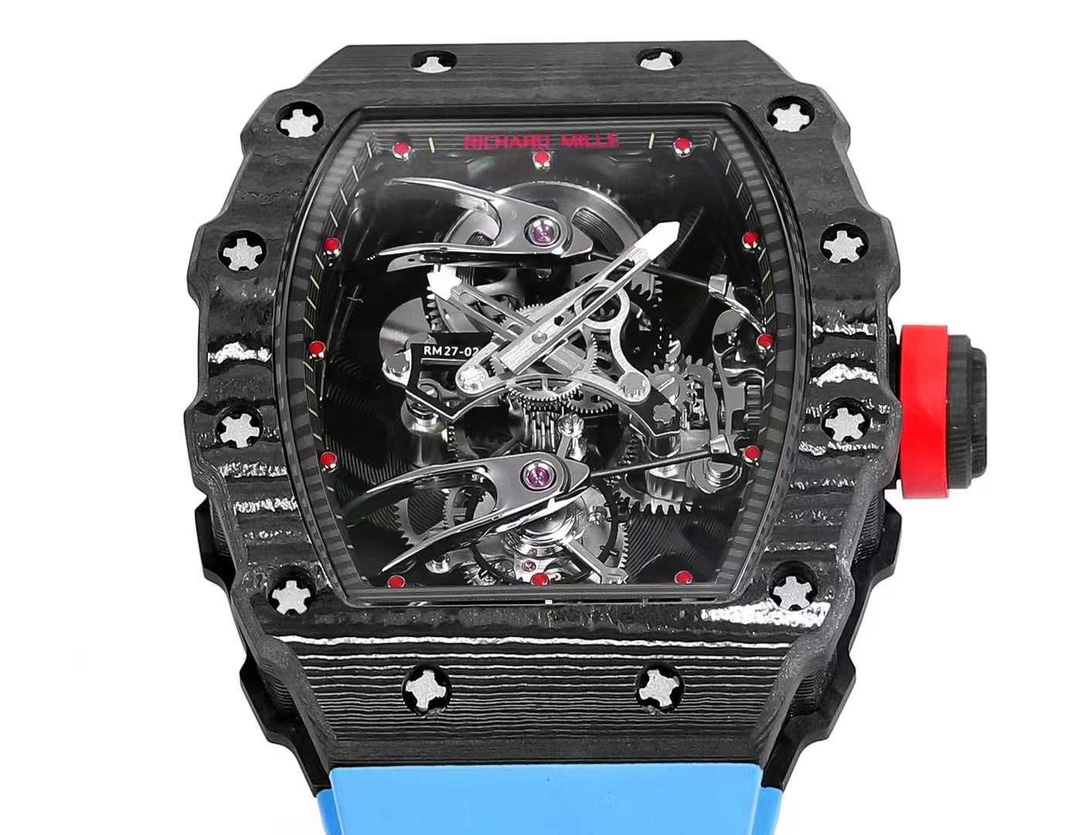 Best Replica Richard Mille RM 27-02 Blue Strap Men’s Tourbillon Watch – Carbon Fiber Case, Bold Skeleton Dial