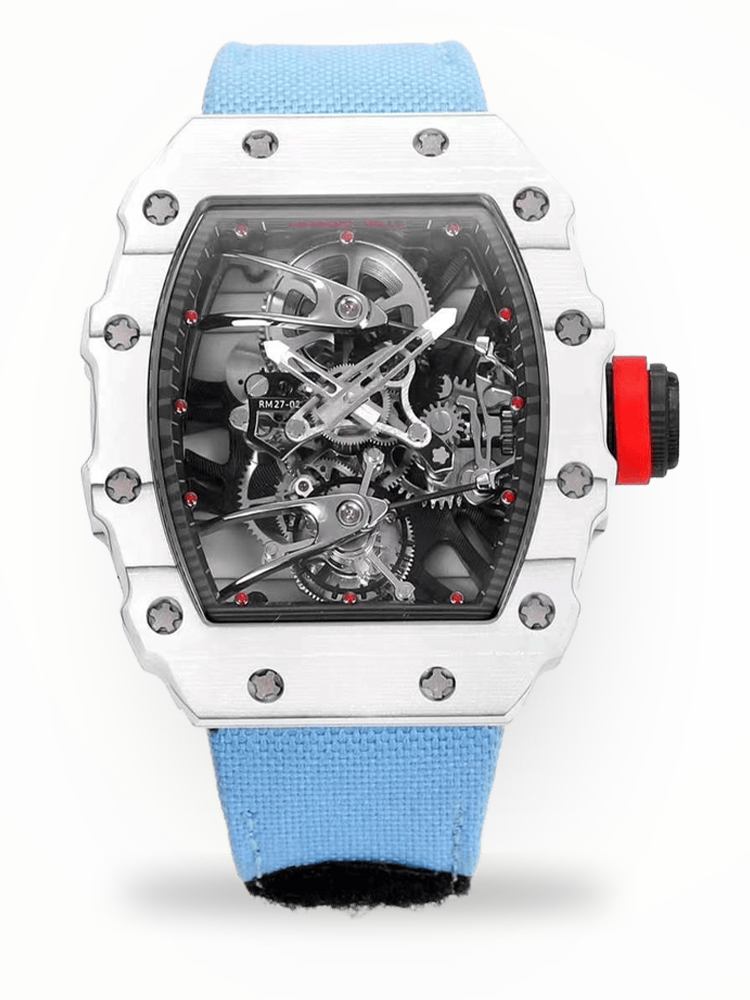 Best Richard Mille RM 27-02 Replica Rafael Nadal Tourbillon Watch – White Carbon Fiber Case, Blue Fabric Strap