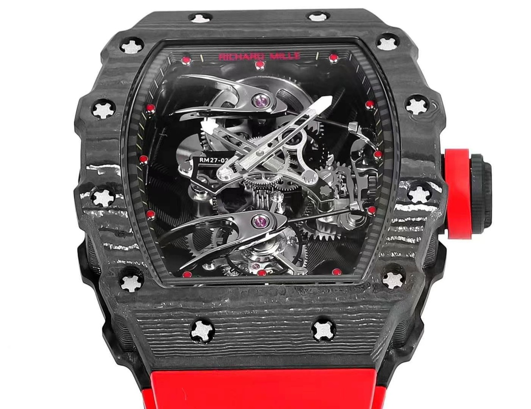 High-End Swiss Richard Mille RM 27-02 Replica Tourbillon Watch – Lightweight Carbon Case, Red Rubber Strap For Sport & Style