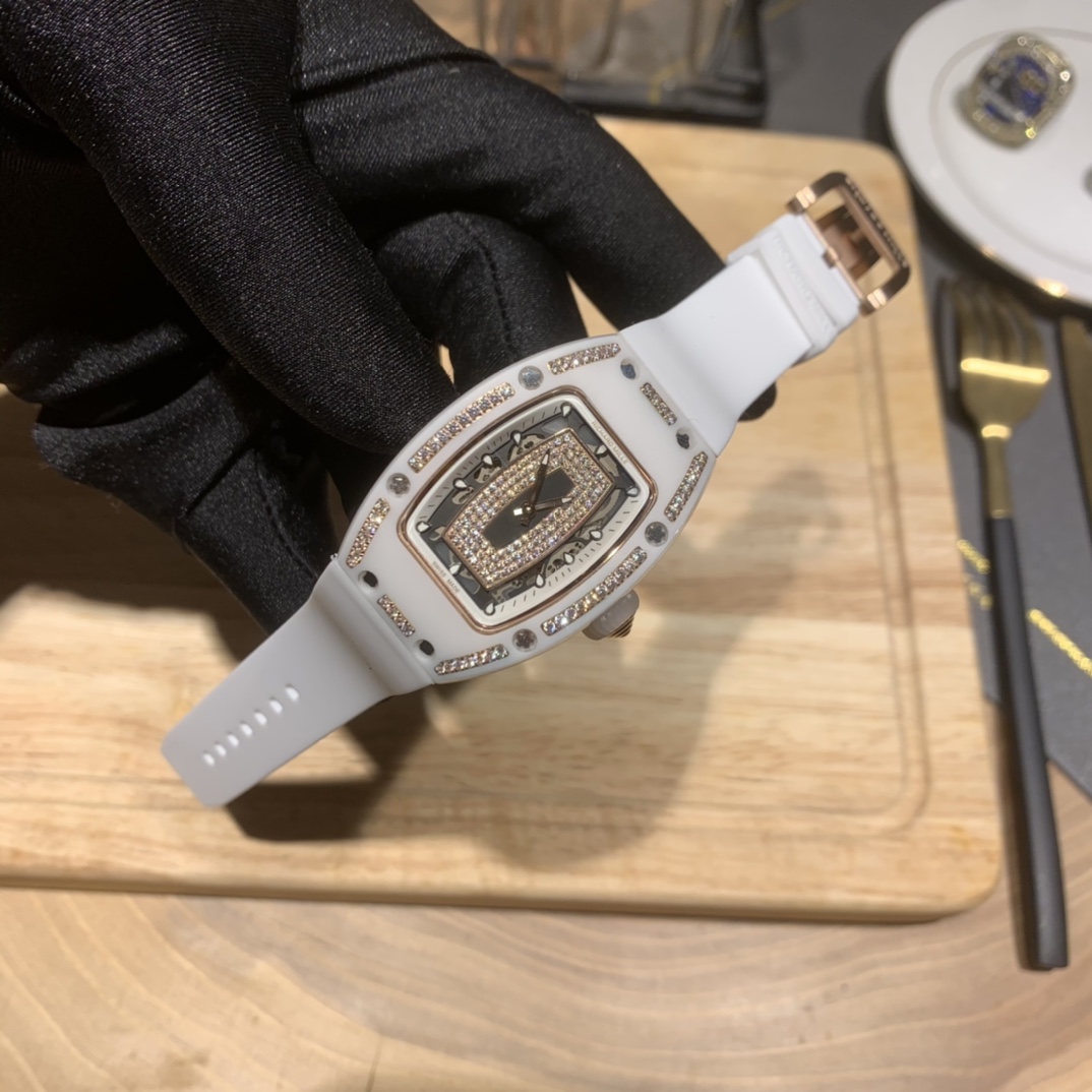 Elegant Swiss Richard Mille RM 07-01 Replica White Ceramic & Rose Gold Diamond Dial Watch – Luxury Style For Women