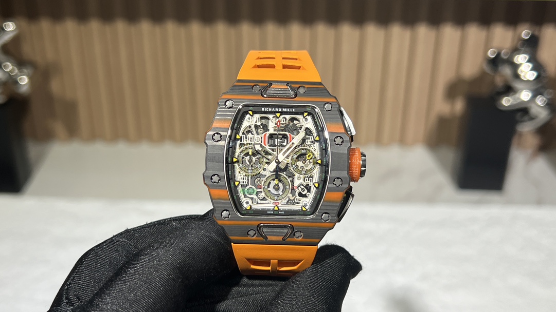 Swiss Replica Richard Mille RM 11-03 McLaren Watch – Carbon Fiber Skeleton Chronograph with Striking Orange Rubber Strap