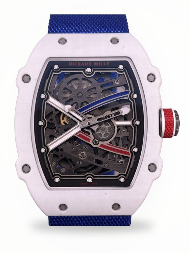 Ultra-Thin Swiss Richard Mille RM 67-02 Replica Alexis Pinturault – White Carbon TPT Case, Skeleton Dial, Blue Strap