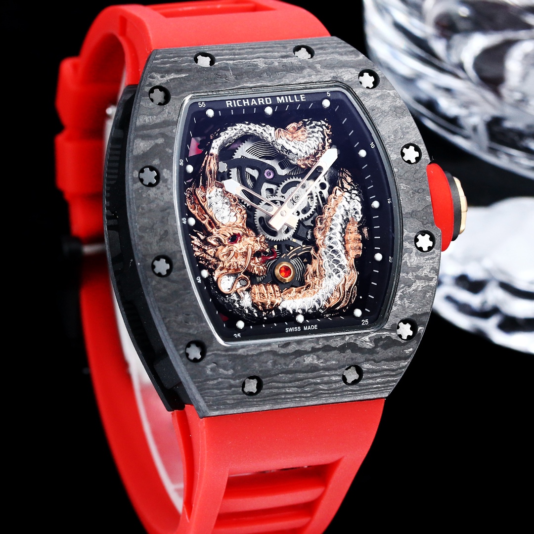 Swiss Replica Richard Mille RM 57-03 Dragon Skeleton Dial, Carbon Fiber Case, Red Rubber Strap Luxury Watch