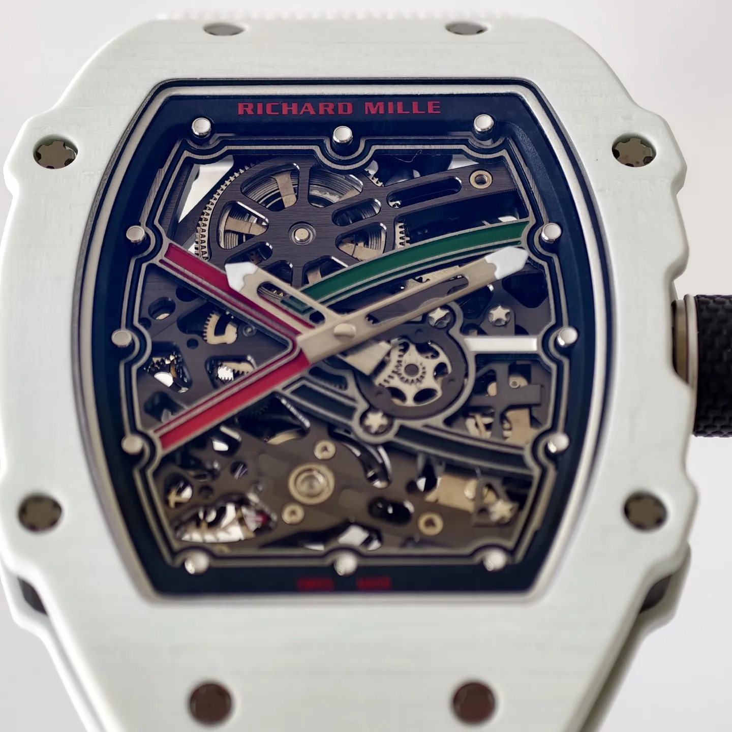 UMI RM 67-02 White Quartz TPT Carbon Case White Fabric Strap Skeleton Replica Watch