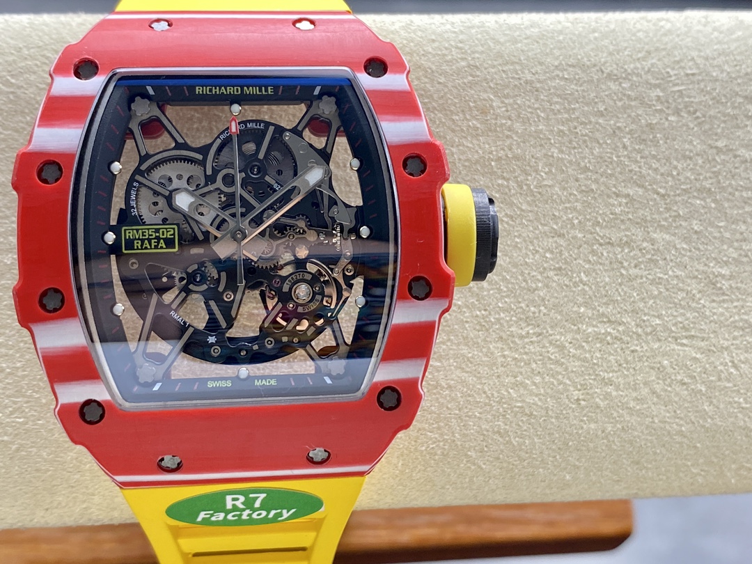 Stylish Swiss Replica Richard Mille RM 35-02 Rafael Nadal Watch – Carbon Fiber Skeleton Dial, Yellow Rubber Strap