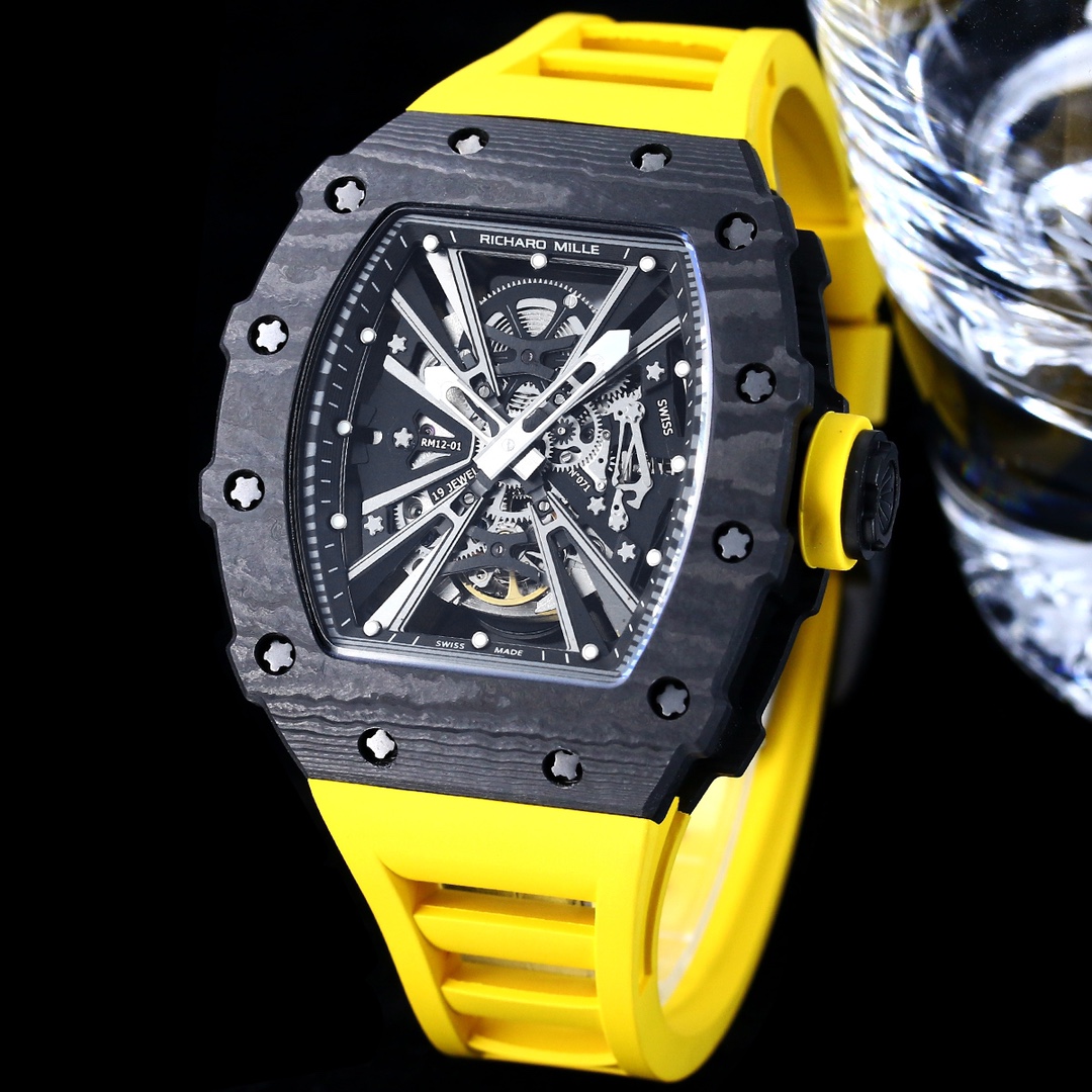 Swiss Replica Richard Mille RM 12-01 Tourbillon – Bold Yellow Rubber Strap, Skeleton Dial, Carbon Case