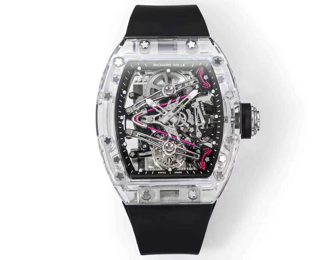 Replica Richard Mille RM 38-02 Pink Themed Crystal Skeleton Tourbillon Black Rubber Strap Watch